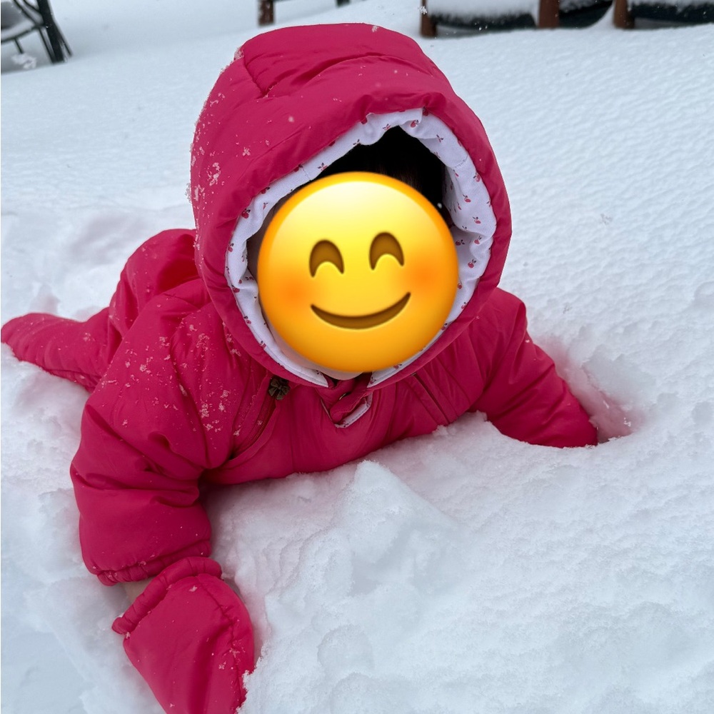 Excellent condition pink Jacadi snowsuit bunting with removable hand muffs